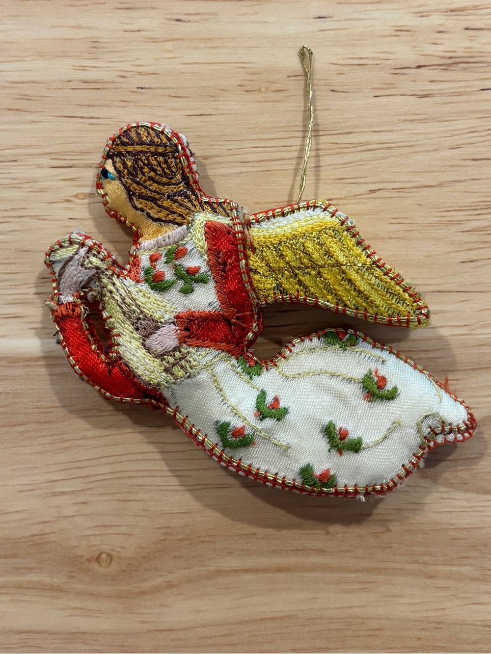 🎄 Vintage Embroidered Fabric FLYING ANGEL w/Lute Christmas Ornament 🎄